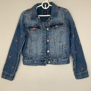 GAP Kids Girls Sz Large 10 All Over Floral Embroidered Denim Blue Jean Jacket